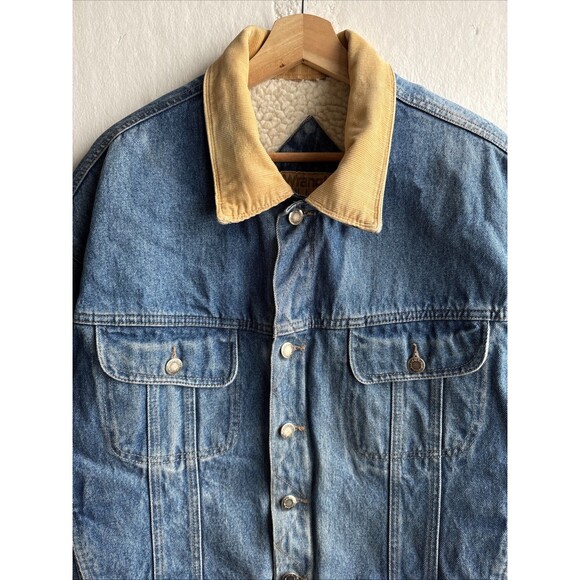 Vintage Wrangler Hero Men's Medium Denim Sherpa Jacket Corduroy Collar Western - Picture 3 of 9